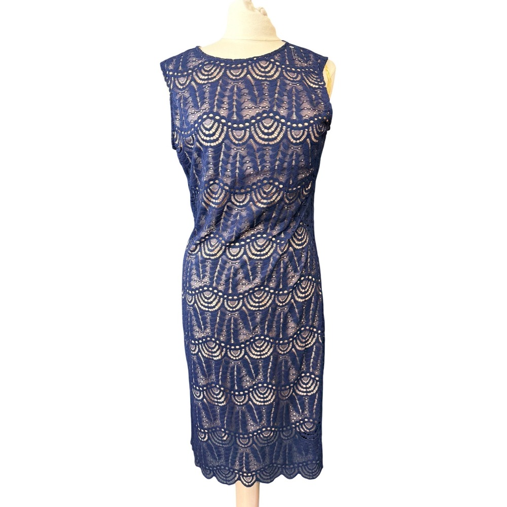 Sharagano Womens Navy Blue Geometric Lace Sheath Dress Size 12 Scalloped Hem